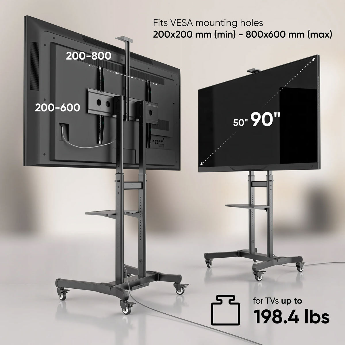 Mobile TV stand for TVs 55"-90", Max 198 lbs