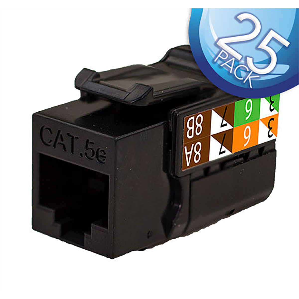 Jack Keystone CAT5E Grado Datos – RJ45, 8×8 - Negro, Paquete de 25