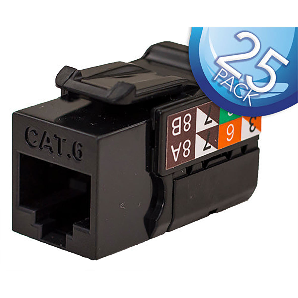 CAT6 Data Grade Keystone Jack – RJ45, 8×8 - Black, 25 Pack
