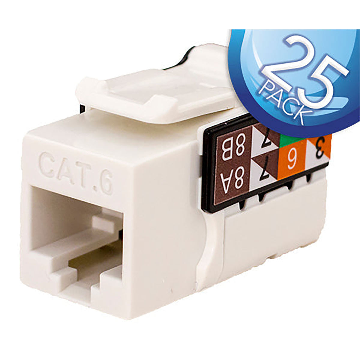 CAT6 Data Grade Keystone Jack – RJ45, 8×8 - White, 25 Pack
